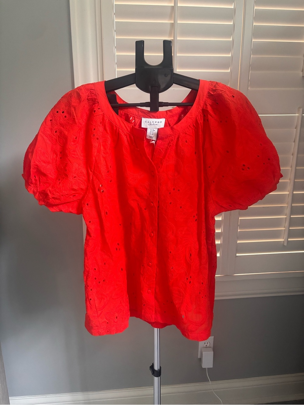 Calypso St. Barth Red Eyelet Puff-Sleeve Blouse
